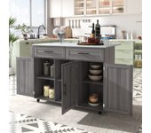 Isla de cocina móvil central con 3 puertas y 2 cajones - tapa extensible - 129x46/71x91,5 cm - madera mdf + metal - gris