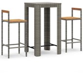 Mesa y taburetes altos jardín 3 pzas madera y ratán pe gris