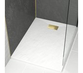 Plato ducha blanco efecto piedra 90x120cm y rejilla patrón lineal oro