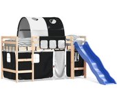 Cama alta infantil con túnel, madera de pino, blanco y negro, 80x200 cm