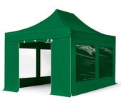 3x4,5 m carpa plegable, premium acero 40mm, 4 laterales con ventanas panorámicas, verde oscuro
