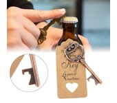Abridor de botellas con forma de llave de bronce vintage con etiquetas, tarjeta, cinta de seda, decoración para bodas y festivales (20 piezas