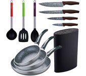 Set 3pc sarten (16+20+24cm) aluminio prensado, inducción, negra soul marble con set 3pc utensilios de cocina nylon con set 4pc cuchillos acero inoxid