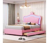 Cama tapizada 90 x 200 con 2 cajones - tapizada en polipiel - cabecero en forma de corona - rosa