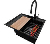 Primagran fregadero granito negro 62x53cm, fregadero cocina 1 seno + sifón + accesorios, fregadero sobre encimera al mueble 45cm - sydney pocket