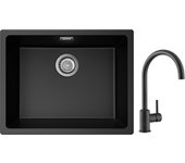 Fregadero de 1 seno en cuarzo y resina, 3 opciones de montaje, 55*44*20cm + grifo de cocina monomando de acero inoxidable negro