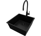 Primagran fregadero granito todo negro 46x47cm, fregadero cocina 1 seno + sifón + accesorios, fregadero sobre encimera al mueble 50cm - london slim