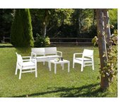 Salón de exterior carpi, conjunto de jardín con 2 sillones, 1sofá y 1 mesa de centro, zona de estar efecto ratán con cojines, blanco