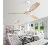 Ventilador de techo de 52 pulgadas con aspas de madera maciza, motor dc reversible de 6 velocidades, mando a distancia, sin luz - blanco