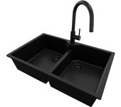 Primagran fregadero granito todo negro 78x50cm, fregadero cocina 2 senos + sifón + accesorios, fregadero sobre encimera al mueble 80cm - madrid twin