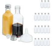 Relaxdays pack botellitas de cristal, 20 mini botellas para rellenar, 100 ml, tapa rosca y tapón, transparente/plateado
