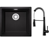 Cecipa max fregadero 1 seno de cuarzo y resina negro gris 45*44*20cm + mezclador de cocina con muelle y 3 modos de salida de agua, negro