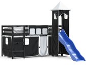 Cama alta infantil con torre, madera de pino, blanco y negro, 80x200 cm