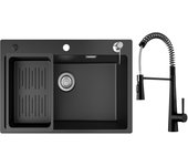 Cecipa max fregadero de cuarzo 70x45cm con escurridor y dispensador de jabón + grifo monomando con ducha extraíble, 3 modos de salida de agua