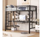 Cama alta 90 x 200 cm con escritorio y 2 estantes para niños - metal y madera - negro + roble