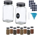 Relaxdays set 10 botes especias, botecitos cristal y tapa acero, 120 ml, etiquetas, lápiz y embudo, transparente y negro