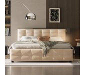 Cama con almacenaje de terciopelo 180x200 cm - con somier - beige