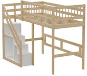Cama infantil de madera maciza con escalera de almacenamiento integrado, color madera, 90 x 200 cm