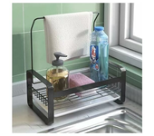 Soporte para esponja de fregadero de acero inoxidable con toallero, panel extraíble para guardar cepillo para platos, esponja para platos y líquido pa