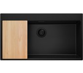 Primagran fregadero cocina todo negro 88x50cm, fregadero granito 1 seno + sifón + tabla de cortar, fregadero sobre encimera al mueble 90cm - oslo