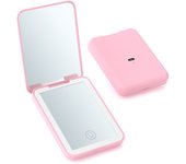 Espejo de aumento rosa con luz de 3 colores, atenuación táctil, espejo pequeño portátil, lupa 2x, forma cuadrada