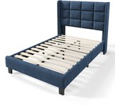 Cama acolchada en lino con cabecera alta, somier de lamas, 90x200 cm, azul