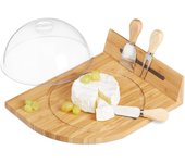 Relaxdays tabla quesos con cubiertos, quesera con campana, cortador y barra imantada, bambú, marrón