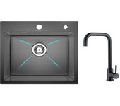 Fregadero de cocina 1 seno 50×45×18,5 cm fregadero de acero inoxidable negro + mezclador de cocina de acero inoxidable negro estrellado