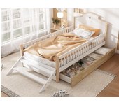 Cama infantil de madera 90x200 cm - con barreras de seguridad y cajones - blanco y natural