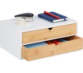 Relaxdays organizador escritorio, 2 cajones, almacenamiento material oficina, bambú y mdf, 14x33x21cm, natural y blanco