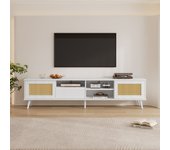 Mueble de tv de ratán blanco, 200x40x49 cm, con 2 puertas de ratán, 1 cajón y 3 compartimentos abiertos, capacidad de carga 50 kg