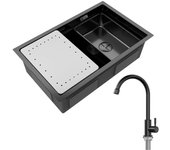 Fregadero de cocina de 1 seno, fregadero de acero inoxidable negro de 70 × 44 × 21 cm con escurridor y lavabo + grifo de cocina de agua fría, negro