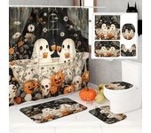 4 piezas de cortina de ducha con diseño de calavera de calabaza fantasma de halloween con tapetes antideslizantes, tapa de inodoro y tapete de baño