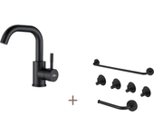 Auralum max grifo de lavabo negro con perchero desmontable, rotación 360°+accesorio baño de 6 piezas, autoadhesivo/perforación, inoxidable,negro