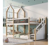 Litera 2 x 90 x 200 cm en madera - 3 cajones - 2 x somieres - colores: natural y blanco