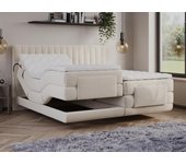 Conjunto completo boxspring cabecera con costuras verticales + somieres relax eléctricos + colchón + sobrecolchón - 2 x 90 x 200 cm - terciopelo - bei