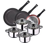 Pack de 3 sartenes ø20/24 y 28 cms + batería de cocina 8pc en acero inoxidable