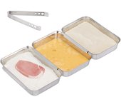 Relaxdays set para empanar, tres bandejas de rebozar, pinzas de cocina, apilables, apto para lavavajillas, plateado