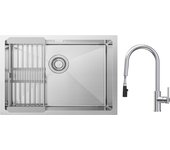 Fregadero de cocina cepillado de 1 seno con escurridor 60×44 cm + grifo de cocina monomando con ducha extraíble, 2 modos de salida de agua, cepillado