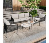 Conjunto de muebles de jardín, conjunto de sillones de jardín, sofá de 3 plazas, 2 sillones y 2 mesas de centro, exterior, tapa de cristal, color gris