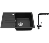 Fregadero cecipa max 1 seno con escurridor fregadero encastrable cuarzo negro 65x45cm + grifería de cocina con ducha extraíble,negro