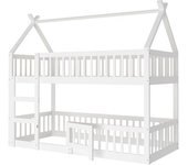 Cama emparejada infantil de madera maciza blanca 90×200 cm con escalera y diseño de mezanine