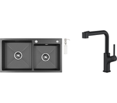 Fregadero de cocina 2 contenedores,75x45x19cm, empotrado/para colocar con dispensador de jabón+grito de cocina negro con ducha extragible