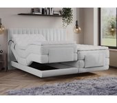 Boxspring con cabecero con costuras verticales + somieres eléctricos de relajación + colchón + topper - 2 x 90 x 200 cm - terciopelo - gris claro - do
