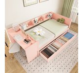 Cama individual infantil 90x200 cm - con escritorio - con 2 cajones - con estanterías - madera maciza - rosa (sin colchón)