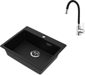 1 bandeja fregadero cocina de granito,55*45*20cm,kit de vaciado,negro+gripo de cocina flexible boquilla alta orientable