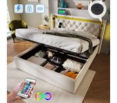 Cama contenedor tapizada - 160 x 200 cm - con toma usb tipo c y led - somier de láminas - color beige