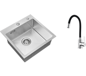 Fregadero cocina 1 bandeja 45x45cm acero inoxidable 304, empotrado y de poser+gripo de cocina flexible cavo alto orientable