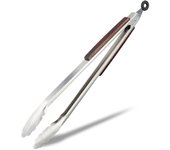 Relaxdays pinzas barbacoa extralargas, accesorio parrilla xxl, acero inoxidable y mango madera, 38 cm, plateado-marrón