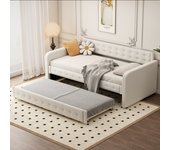 Cama nido 90x200 + 90x190 cm con cabecero, sofá cama - lino + mdf - beige claro (sin colchón)